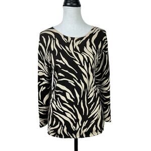 Pursuits Ltd Silk Blend Tan Brown Animal Print 3/4 Sleeve Thin Knit Sweater
